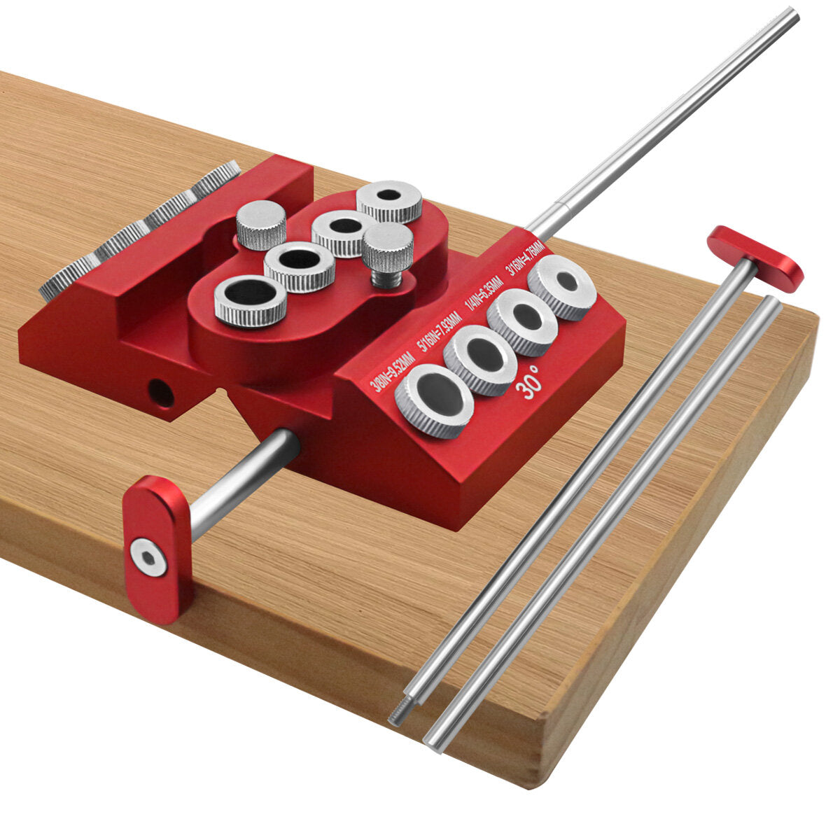 V-Drill Guide: Versatile Aluminum Drill Guide for 30°, 45°, 90° Angles, 4 Hole Sizes, Customizable Center, Extension Bar