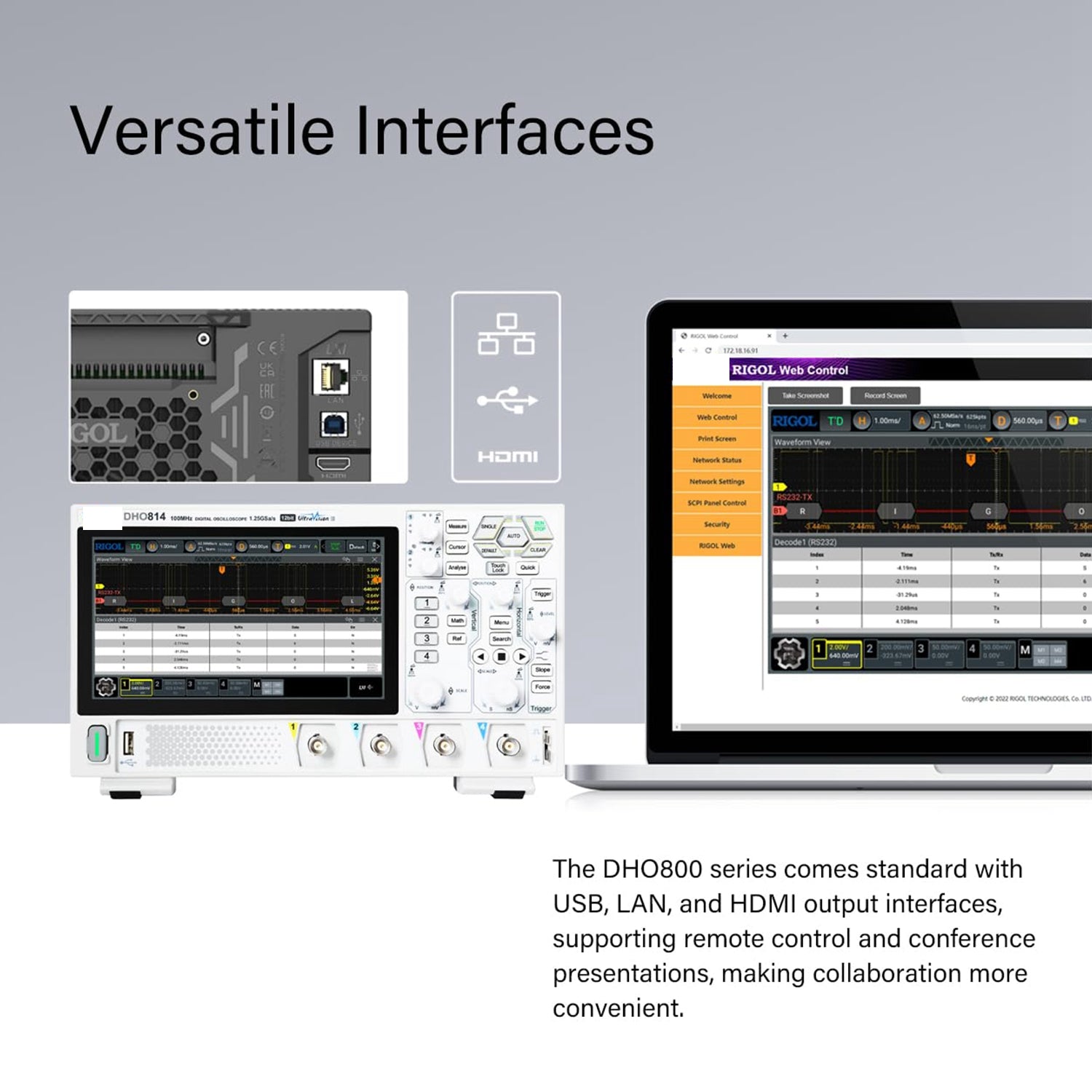Digital Oscilloscope 70MHz 12-bit Resolution 1.25 GSa/s Sample Rate 1,000,000 wfms/s Capture Rate 7 inch Touch Screen USB LANHDMI