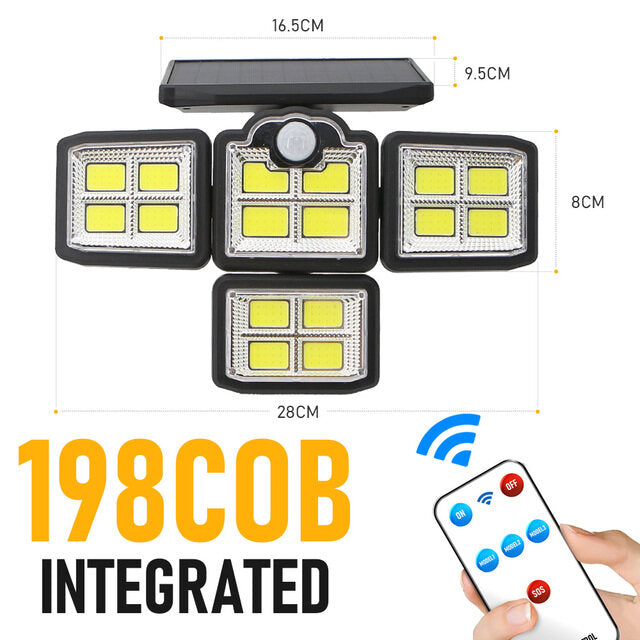 192/198 LED COB Outdoor Solar Lights 4 Head Motion Sensor 270 Wide Angle Lighting Waterproof Remote Control Solar Garden Wall Lamp