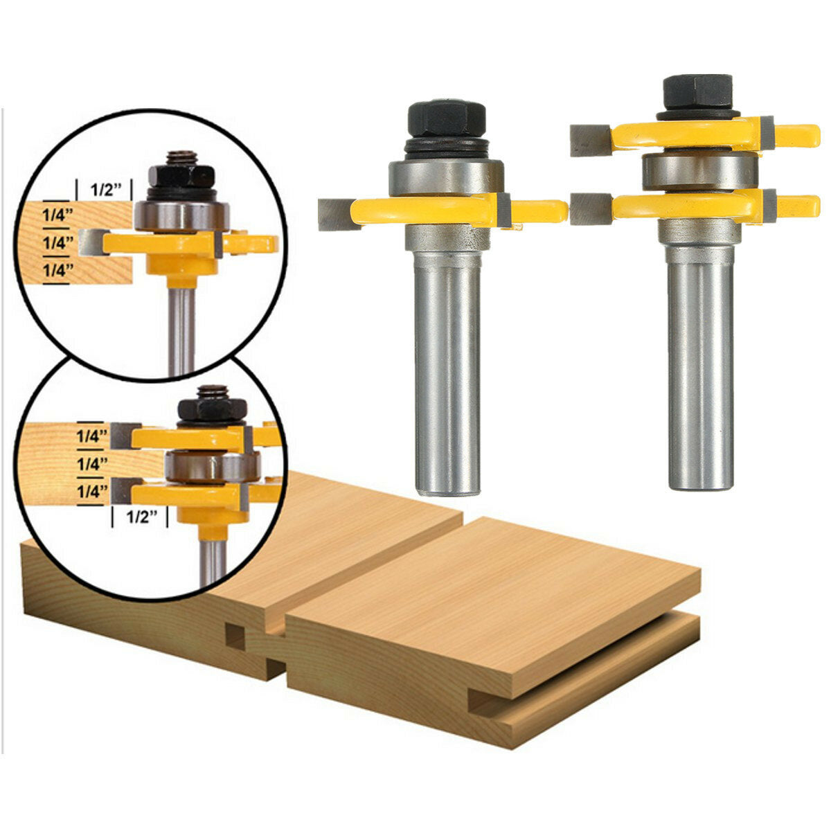2pcs 1/2 Inch Shank Tongue & Groove Router Bit Set 3 Teeth T-shape Wood Milling Cutter