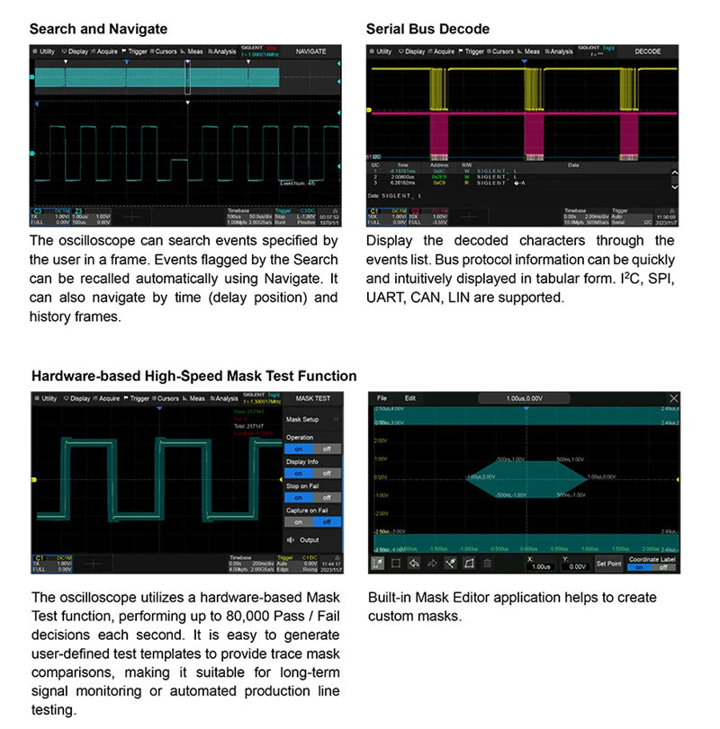 Digital Oscilloscope 4 Channel 200MHz Siglent 7'' Wave Generator 2GSa/s 12 bit High Resolution Lab Oscilloscope Tool