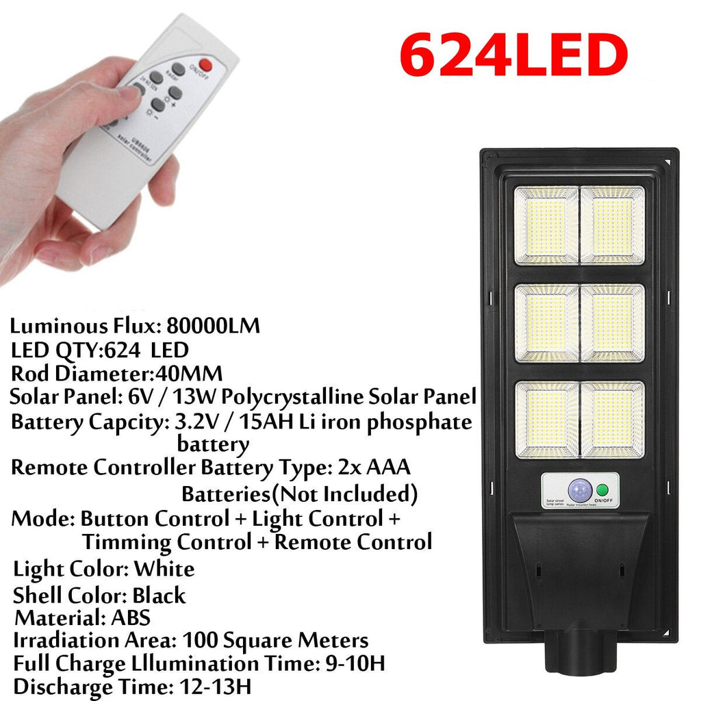 208/416/624/832LED Solar Powered Wall Street Light PIR Motion Sensor Dimmable Lamp + Remote Control