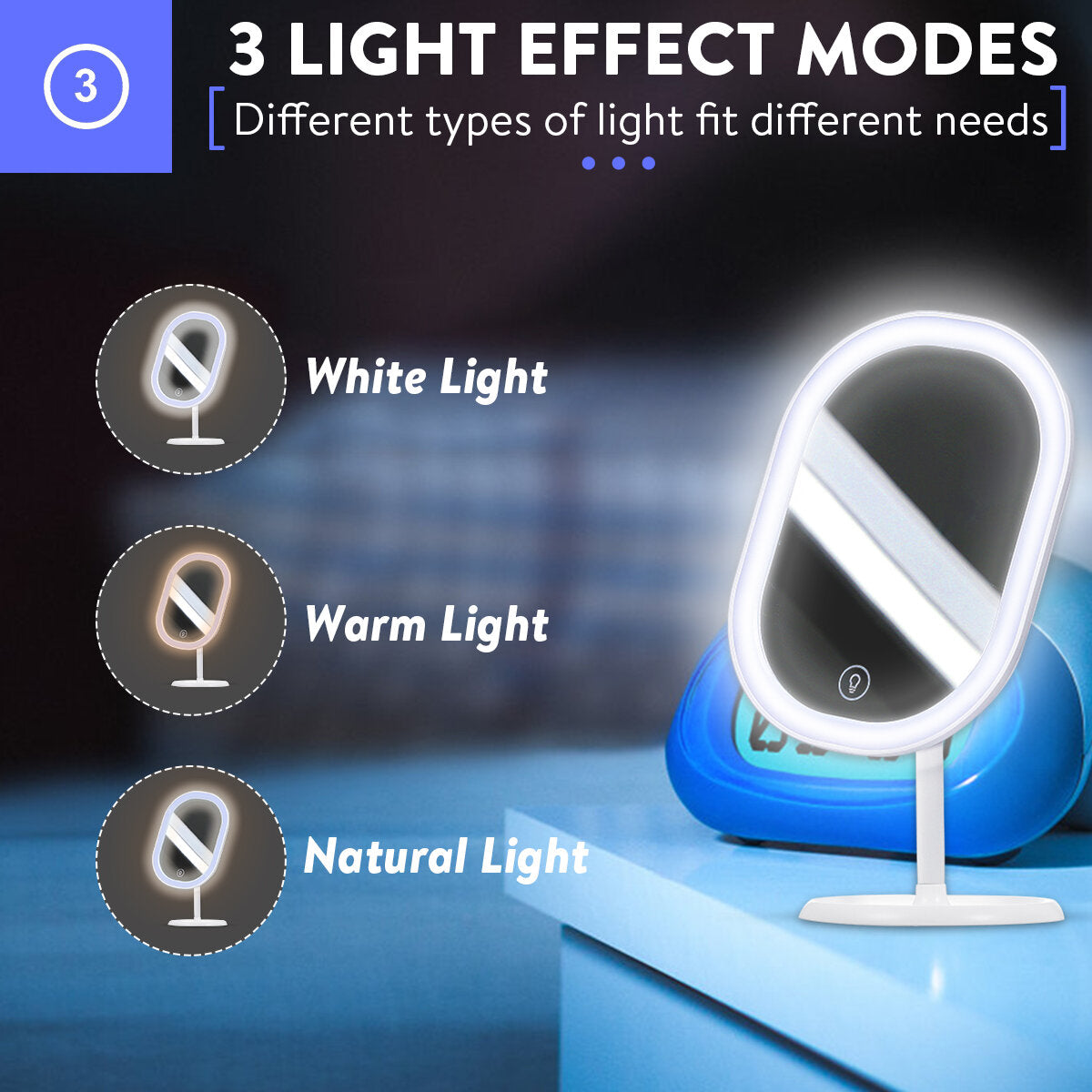 Professional Makeup Mirror with LED Light USB Charging 180Rotation 3 Light Mode 10X Magnification Touch Button Detachable Base