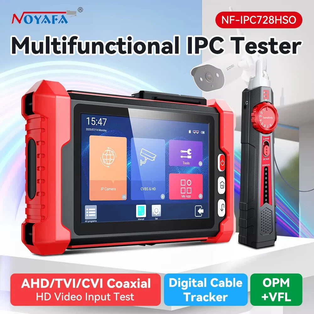IPC Camera Tester 8 Inch Touch Screen 12V 24V HDMIVGA PoE TDR VFL CVBS AHD TVI CVI IP Camera Tester Optical Power Meter