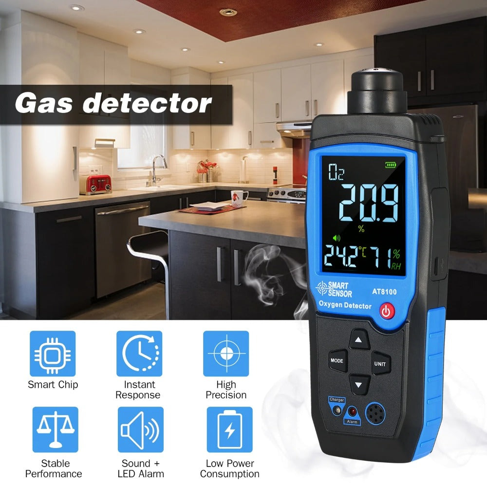 Handheld Digital Oxygen Detector USB Rechargeable O2 Sensor Tester Monitor LCD Display Adjustable Alarm