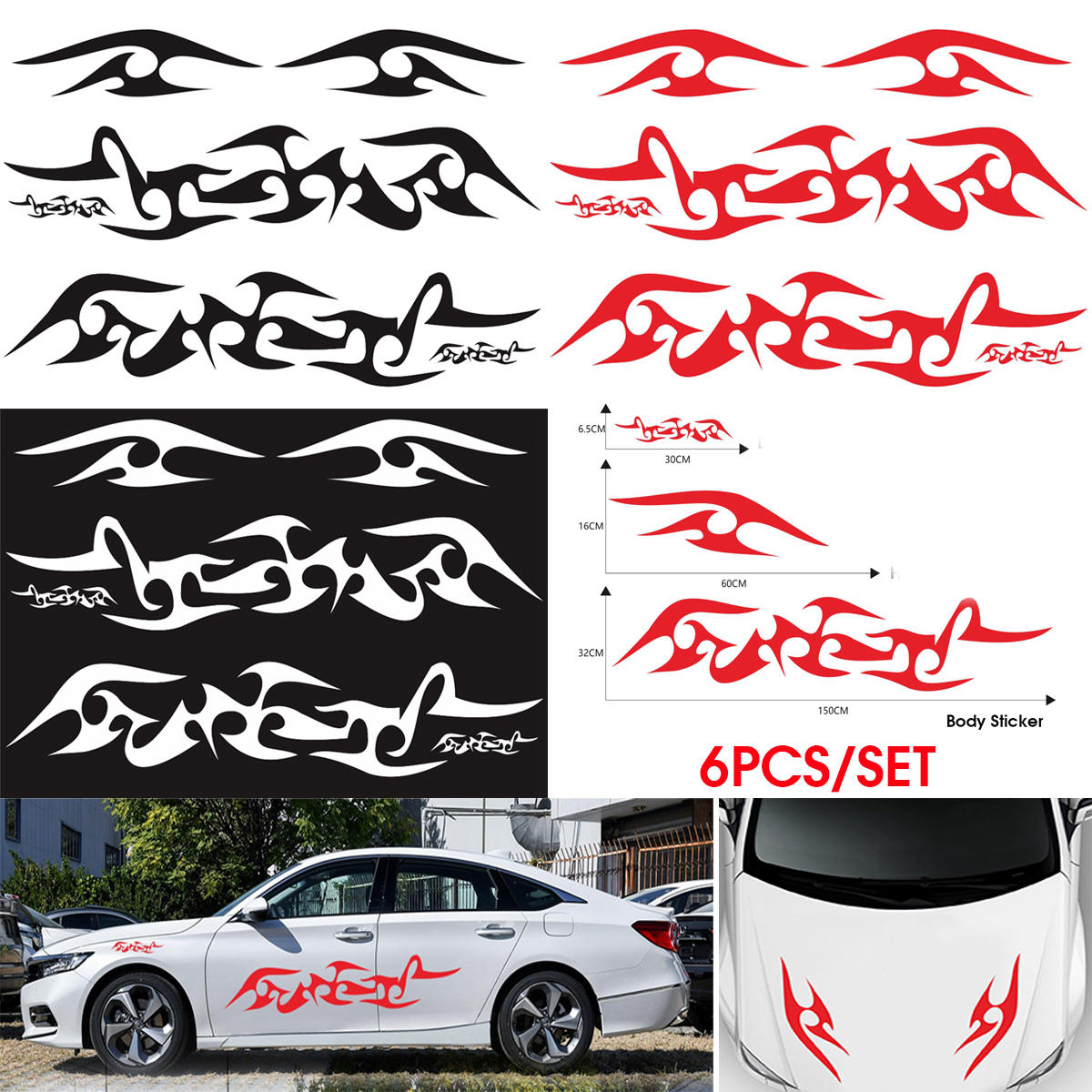 6pcs Universal Decal Stickers Car Body Bumper Hood Flame Graphics Decals PVC