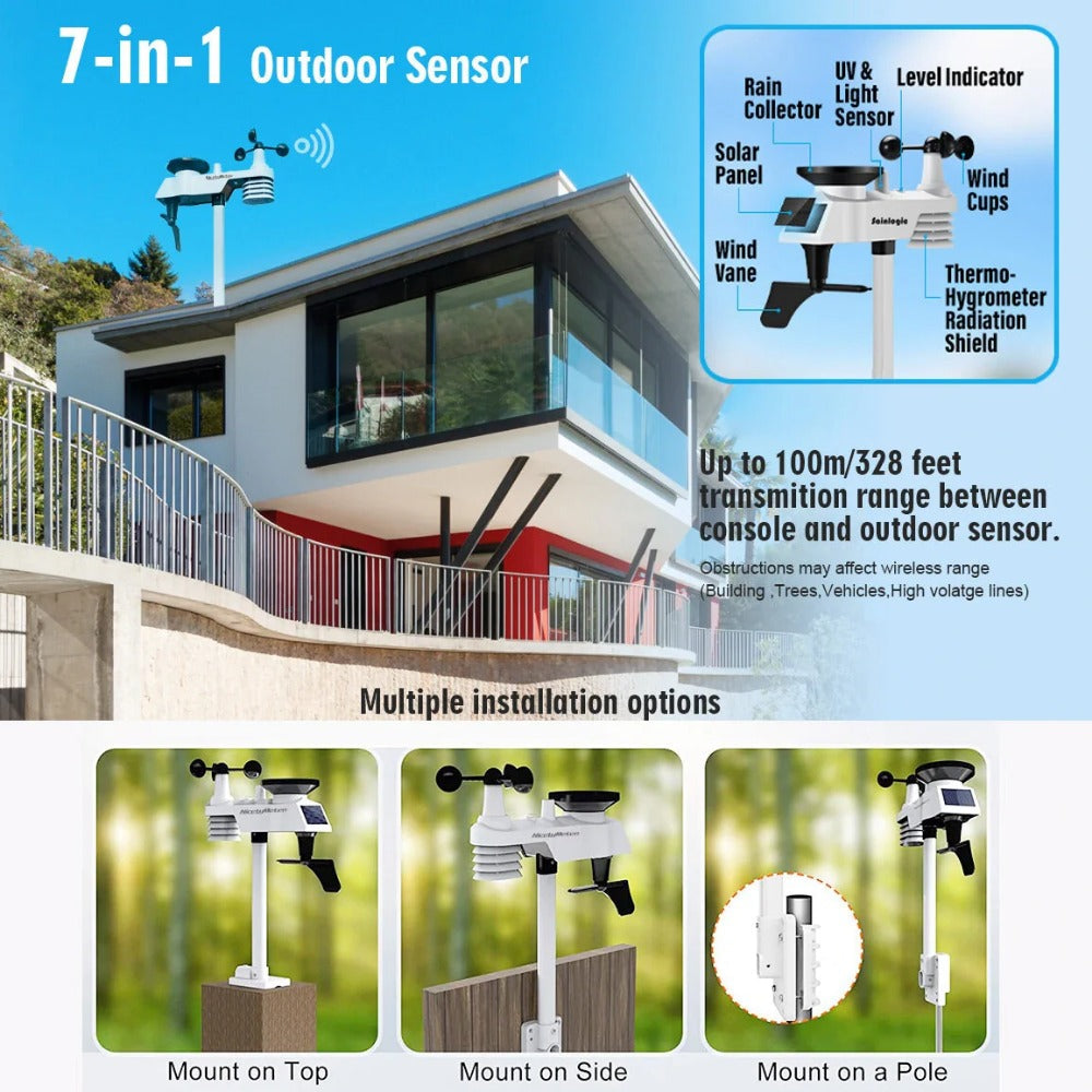7-in-1 WiFi Weather Station with Outdoor Sensor - Temp/Humidity/Pressure/Wind/Rain/Moon Forecast, Wireless Indoor Clock