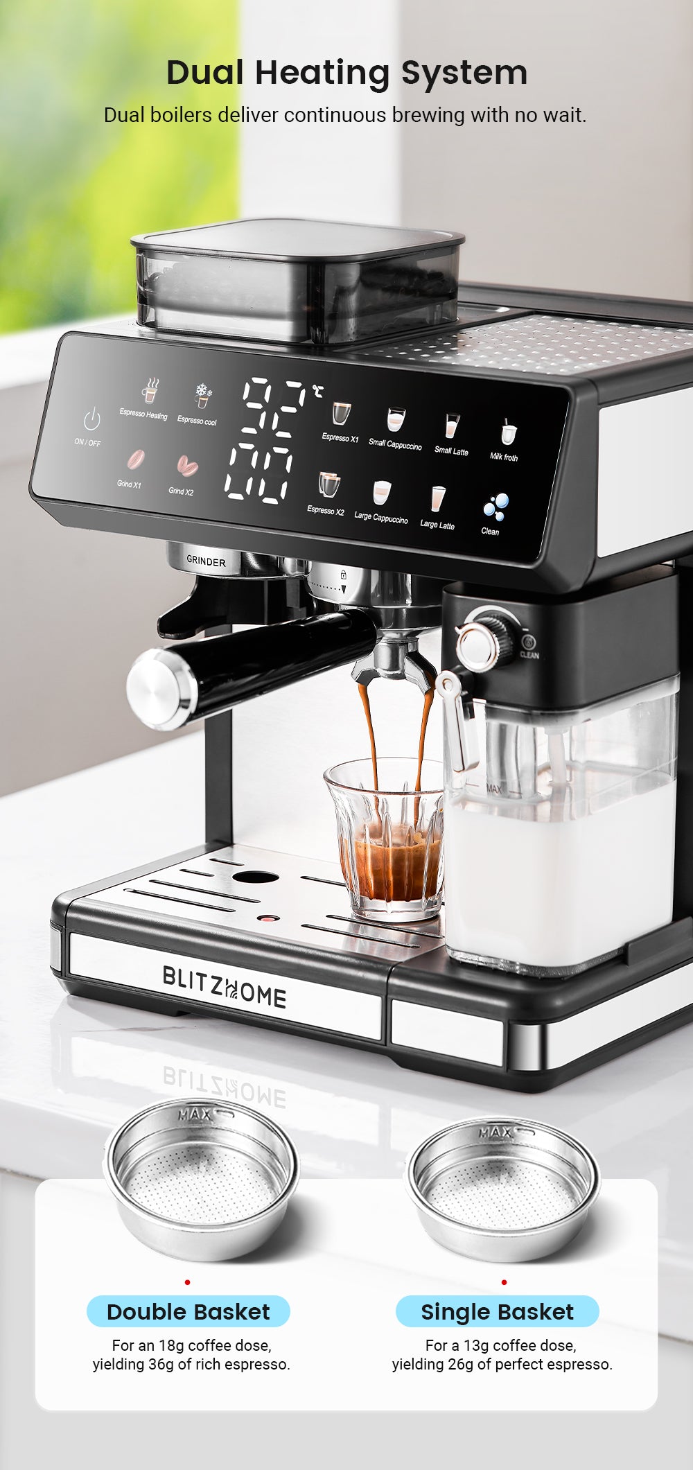 All-in-One Espresso Coffee Machine with Built-in Grinder Dual Boiler, Automatic Milk Frother Hot & Cold Brew Touch Screen