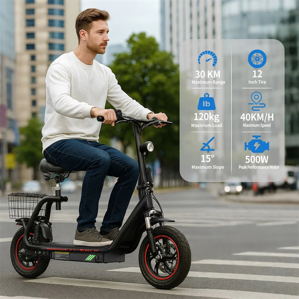 Electric Scooter 48V 13Ah Battery 500W Motor Recommended Top Speed 25KM/H 12inch Pneumatic Tires 30KM Max Mileage 120KG Max Load Folding E-Scooter