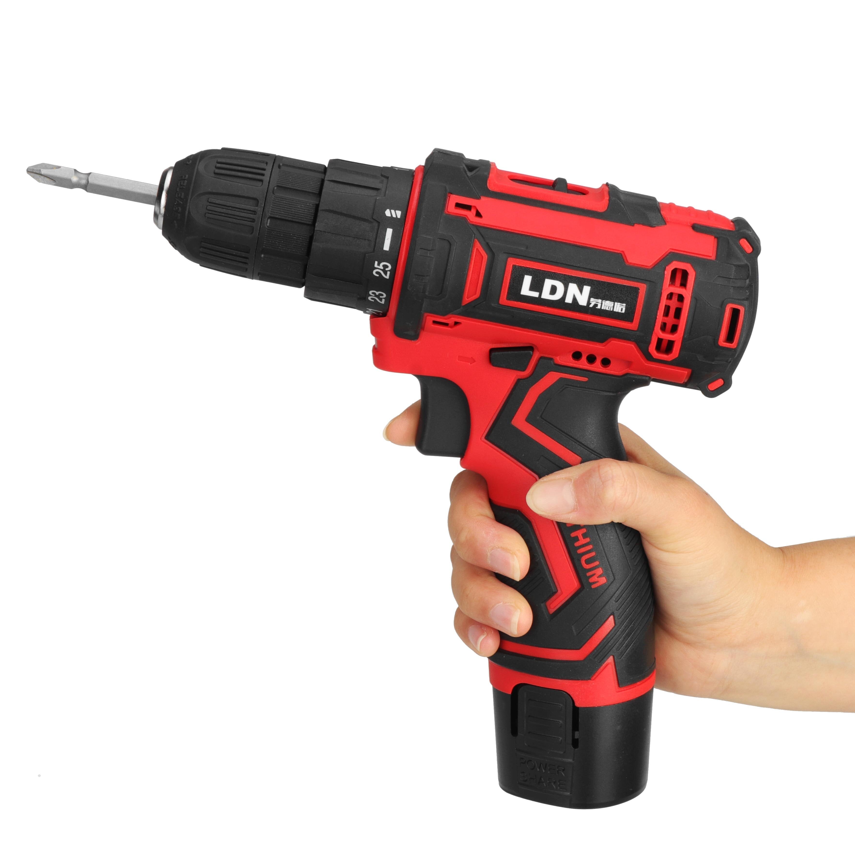 12V Cordless Electric Drill Power Drill Driver 2-Speeds with LED Lighting 1/2Pcs Battery