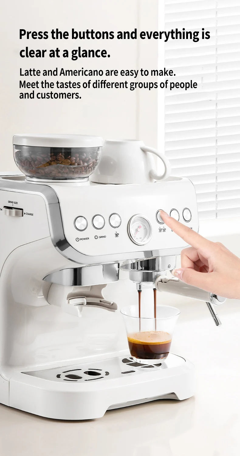 1450W 20 Bar Espresso Machine with Built-in Grinder Visual Pressure Gauge 2L Water Tank Steam Wand Pre-Infusion Cappuccino Latte Machine