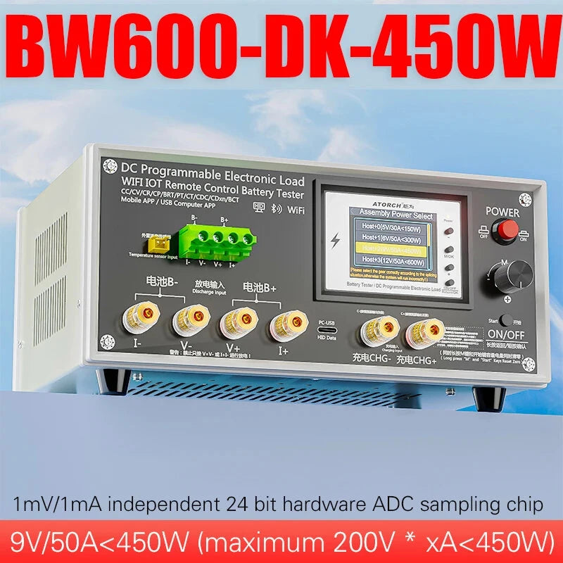 Electronic Load Tester 150/300/450/600W WiFi Tuya 0-200V 50A Battery Capacity Monitor Programmable Discharge Tool IPS Display High Precision Bluetooth Connection