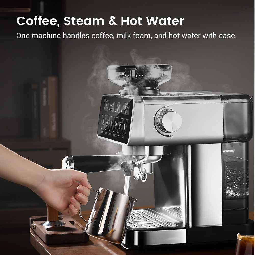 Espresso Coffee Machine 20Bar 1150W with Built-in Conical Burr Grinder PID & NTC 51mm Portafilter Manual Steam Wand