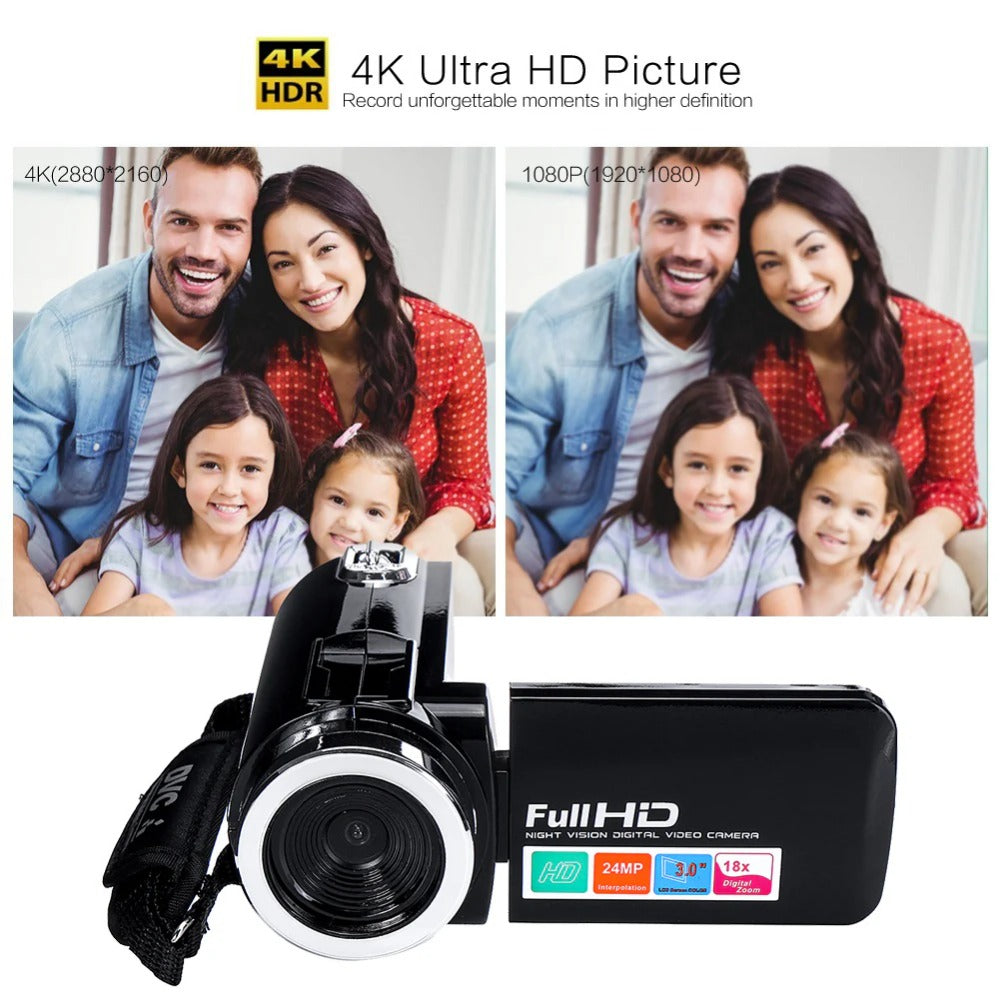 4K Full HD 1080P 24MP 18X Zoom 3 Inch LCD Digital Camcorder Video DV Camera 5.0MP CMOS Sensor for YouTube Vlogging