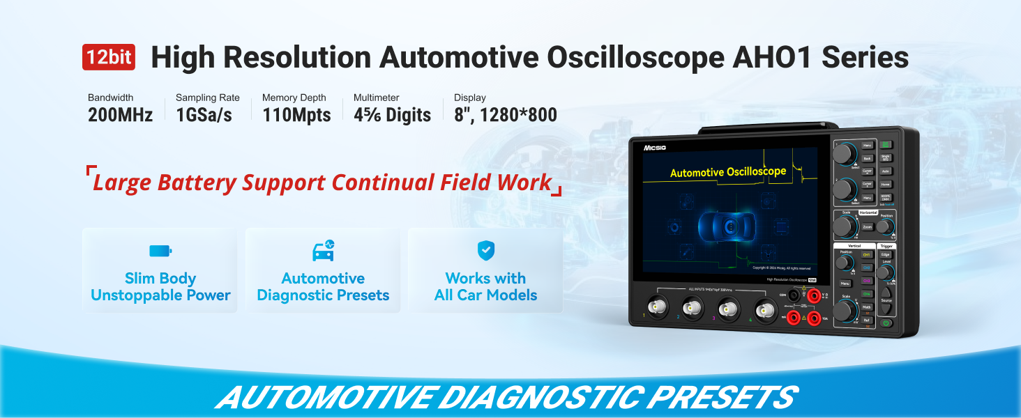 NEW Micsig AHO14-200 Automotive Oscilloscope 12bit 200MHz Bandwidth 1GSa/s Sampling Rate 4 Channels 110Mpts Memory 8 Inch Touch Screen