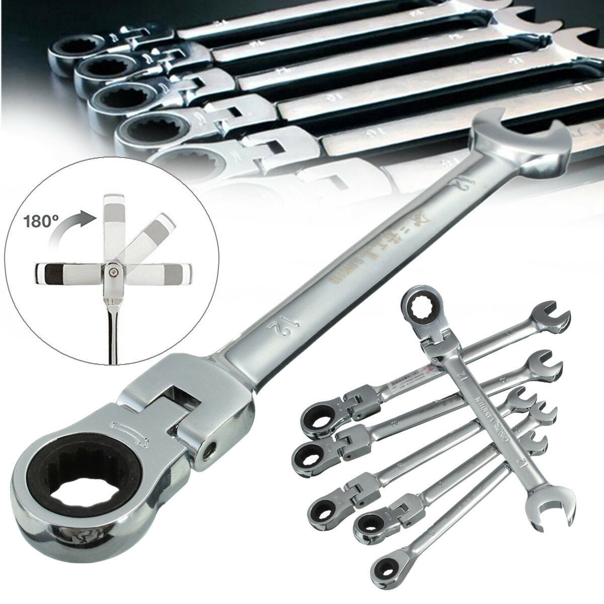 Flexible Pivoting Head Ratchet Combination Spanner Wrench Garage Metric Tool 6 Size
