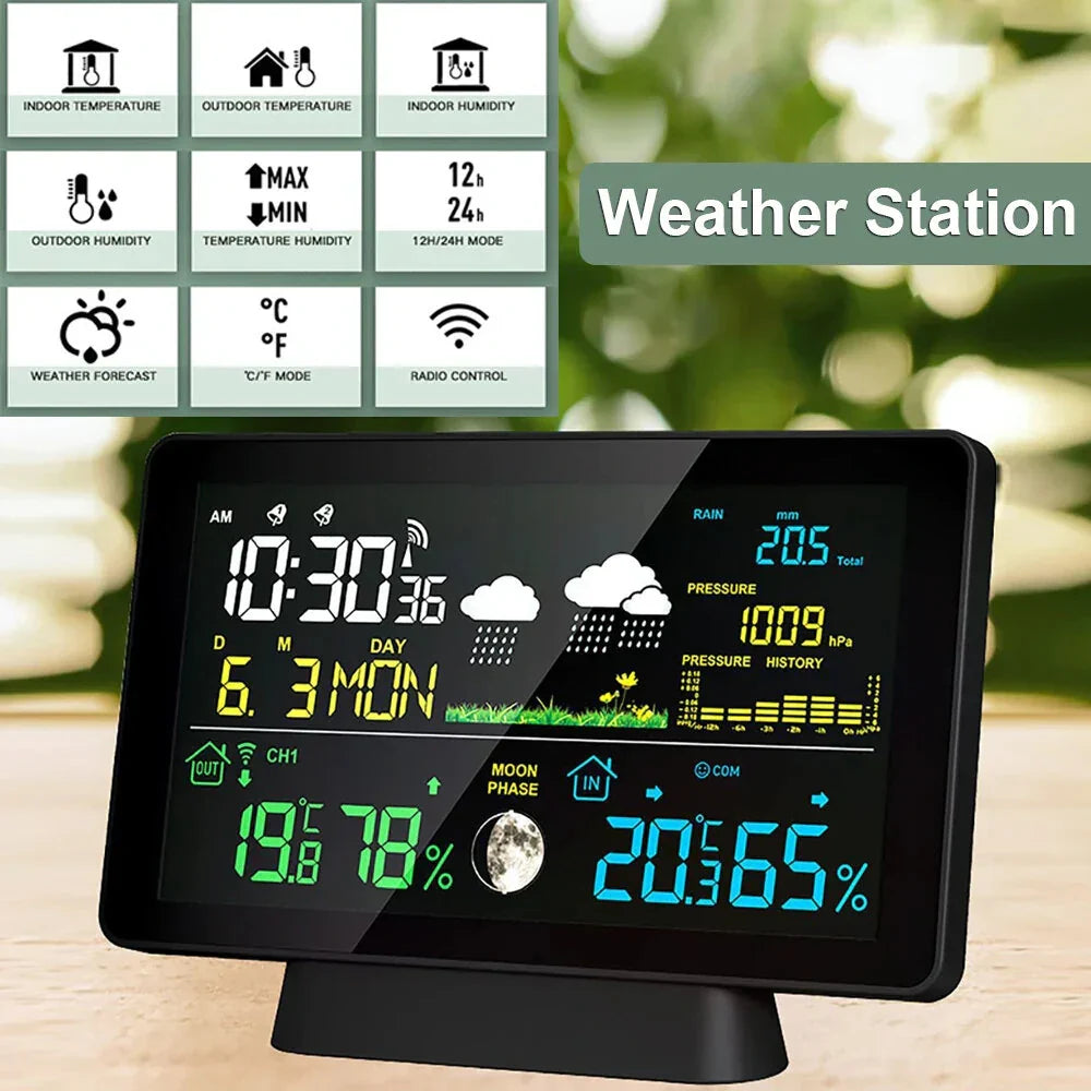 Multi-Function Wireless Weather Station - Indoor/Outdoor Thermometer with Rain Gauge, Humidity, Pressure & Color Screen Alarm Clock