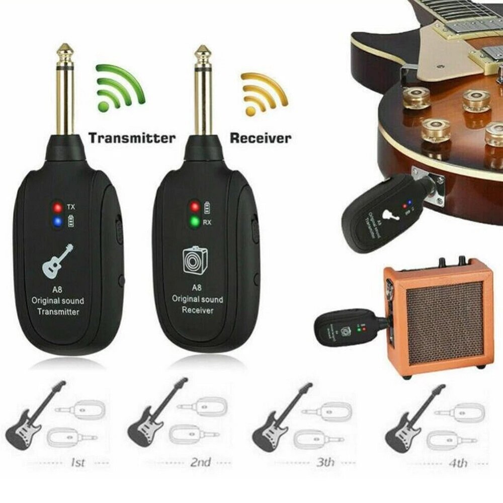 4 Channels Guitar Pickup Wireless System Transmitter Receiver Built-In Rechargeable Lithium Battery + Micro USB Cable