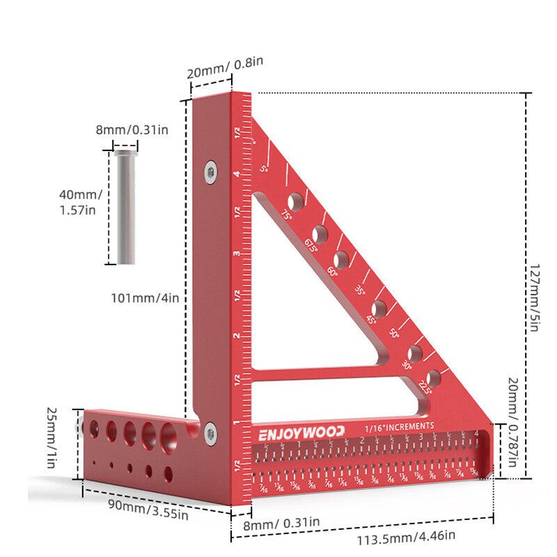 5-Inch Red Woodworking Scribing Rule - 3-in-1 Compact Tool, Lightweight, Metric/Imperial, Ideal for Woodworking Enthusiasts