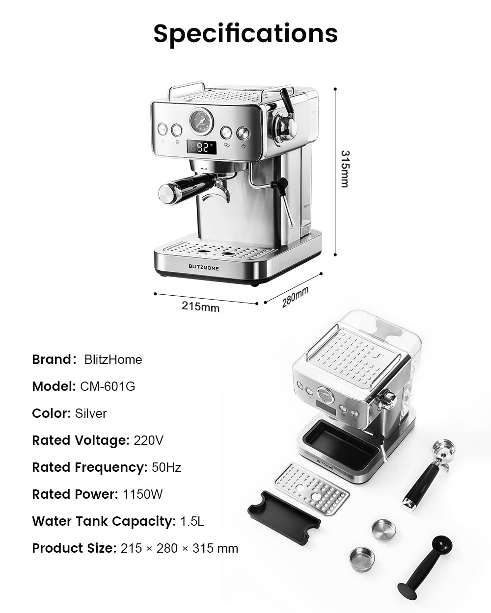 Espresso Coffee Machine H10A 20Bar 1150W with Pressure Gauge PID & NTC 51mm Portafilter Manual Steam Wand