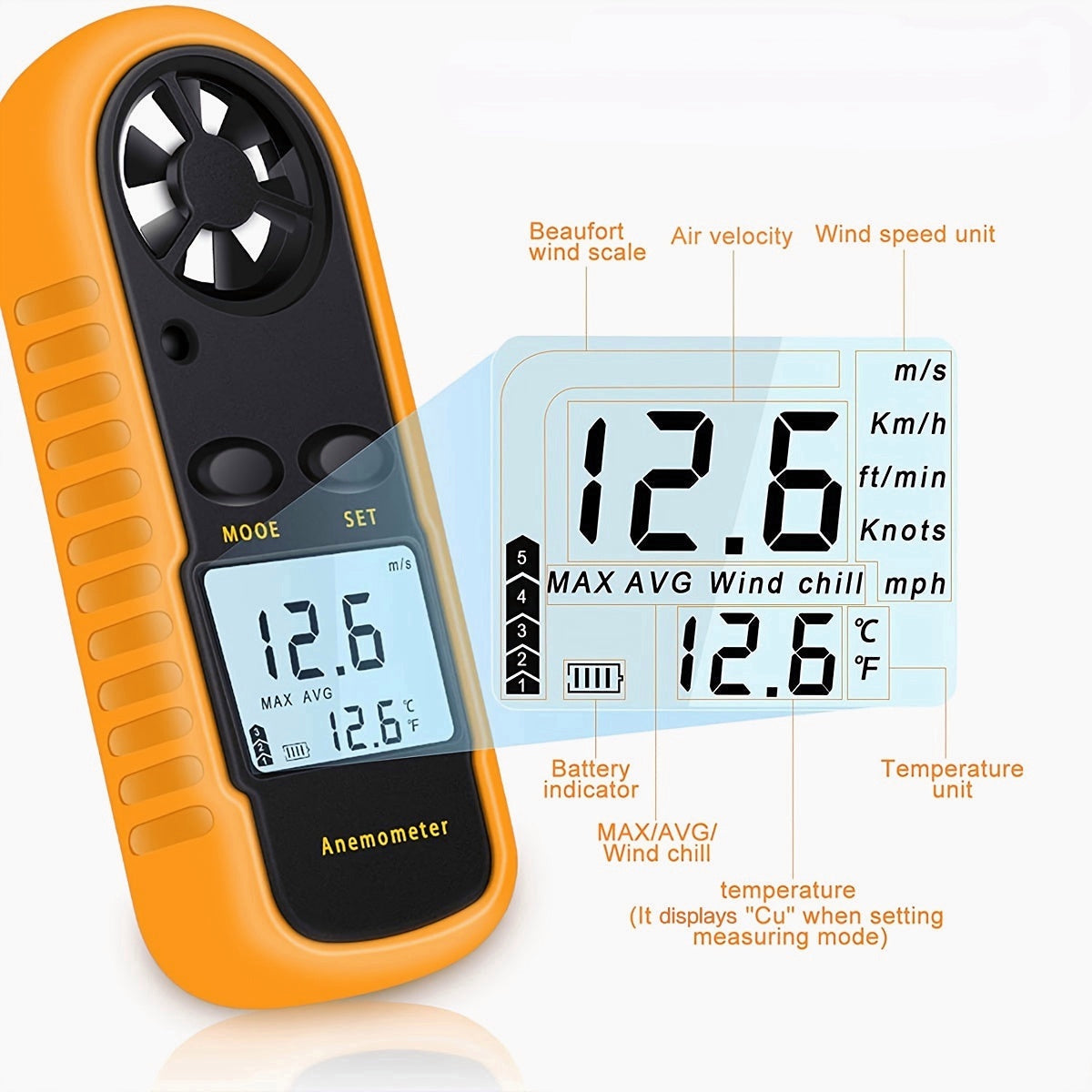 Mini Handheld Anemometer Wind Speed Temperature Gauge With Digital LCD Display