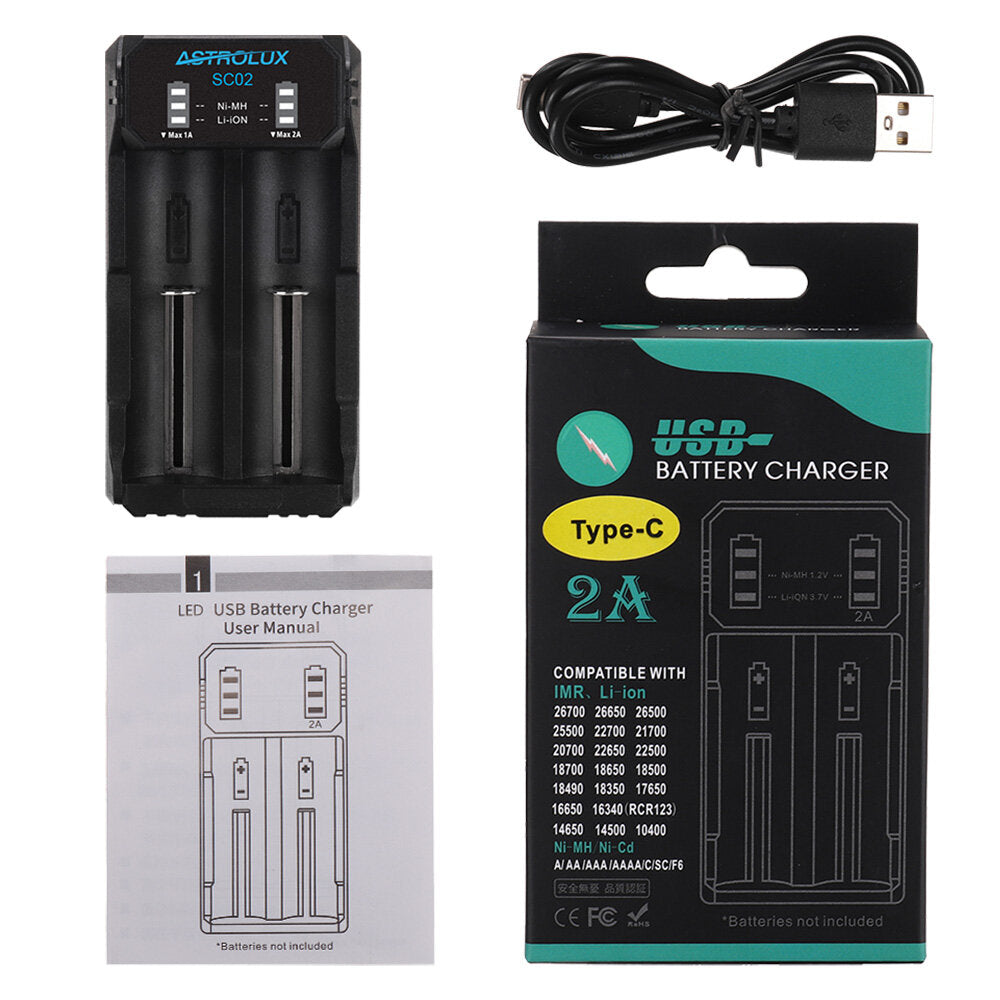 Type-C QC 3.0 Quick Charge USB Battery Charger Dual-slots For Li-ion/IMR/INR/ICR Ni-MH Ni-Cd 21700 18650 26650 Flashlight Battery