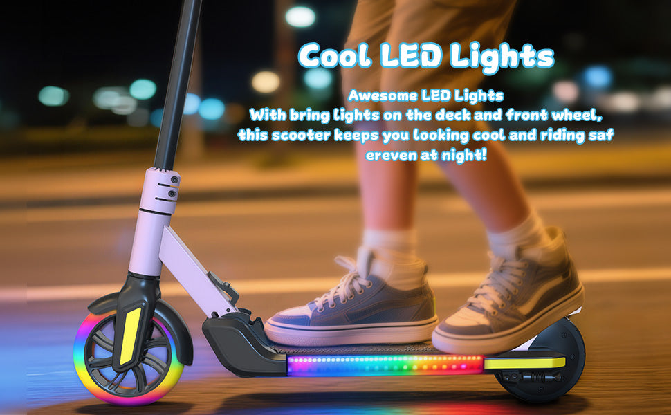 Kids Electric Scooter with LED Lights, 21.6V 2.6AH, 150W Motor, 6 Inch Solid Tires, 10KM/H Top Speed, 8-10KM Range, 70KG Max Load