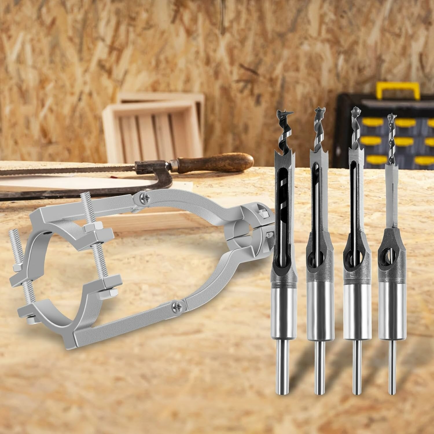 Carbide Square Hole Drill Bit Set - 1 Adapter & 4 Bits (1/4" to 1/2") for Woodworking, DIY, and Furniture Projects