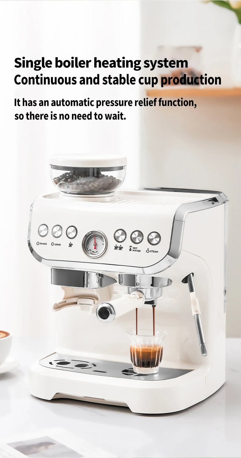 1450W 20 Bar Espresso Machine with Built-in Grinder Visual Pressure Gauge 2L Water Tank Steam Wand Pre-Infusion Cappuccino Latte Machine