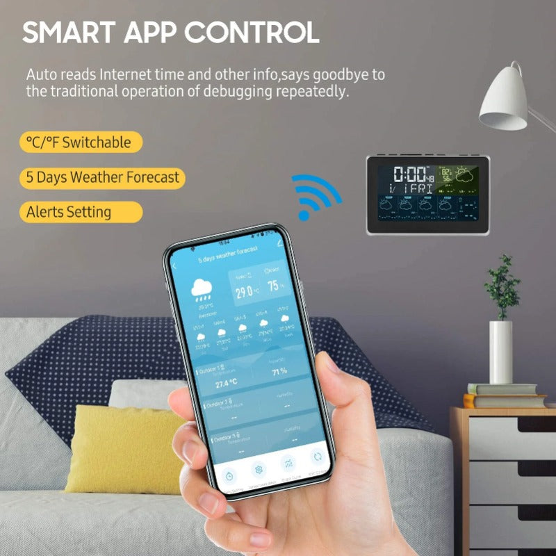 WiFi Weather Station Alarm Clock - Wireless Indoor/Outdoor Thermometer, Works with Tuya/Smart Life, 12/24H, Date/Week Display