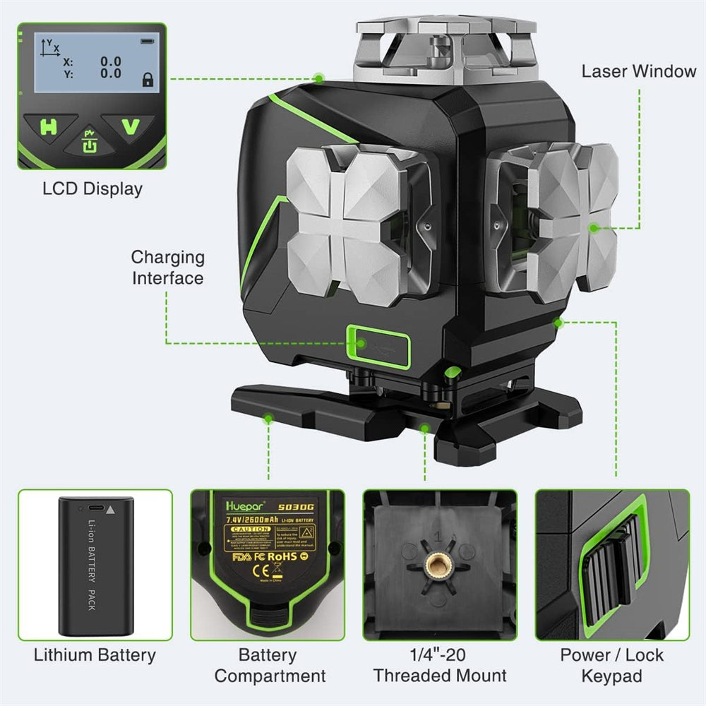 4D 16 Line Laser Level Self-Leveling LCD Screen Bluetooth Connectivity Rechargeable Battery IP54 Waterproof Type-C Charging