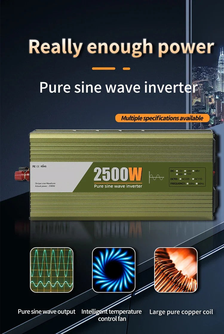 GreenZech DM 2500 Inverter | 2500W Full Power Pure Sine Wave | 12V 24V 48V 60V 72V to 110V 220V AC Converter