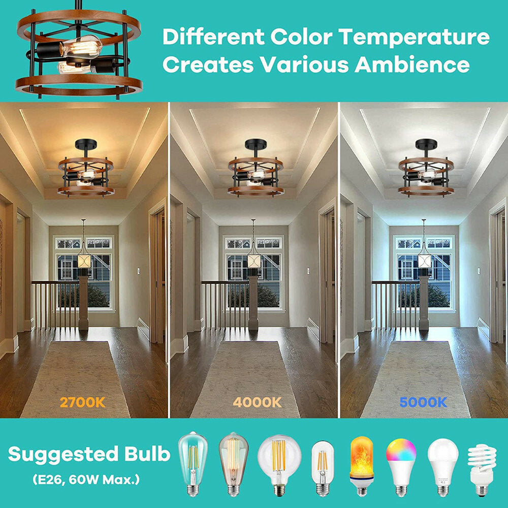 Light Retro Semi Flush Mount Ceiling Light Fixture Rustic Vintage Wood Ceiling Light