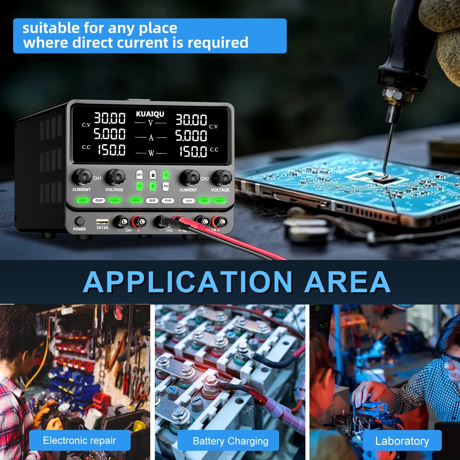 2KD Series Regulated Power Supply 30V 10A Adjustable Voltage Current Precision High Resolution USB RS232 RS485 Interface Compact Lightweight Design