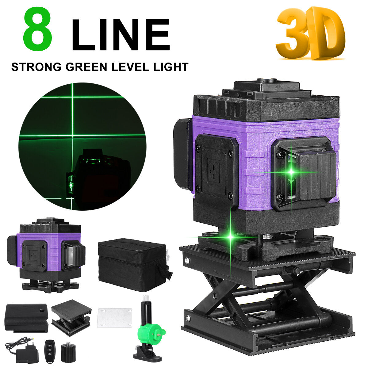 8/12/16 Lines 4D 360 Horizontal Vertical Cross Green Light Laser Level Self-Leveling Measure Super Powerful Laser Beam