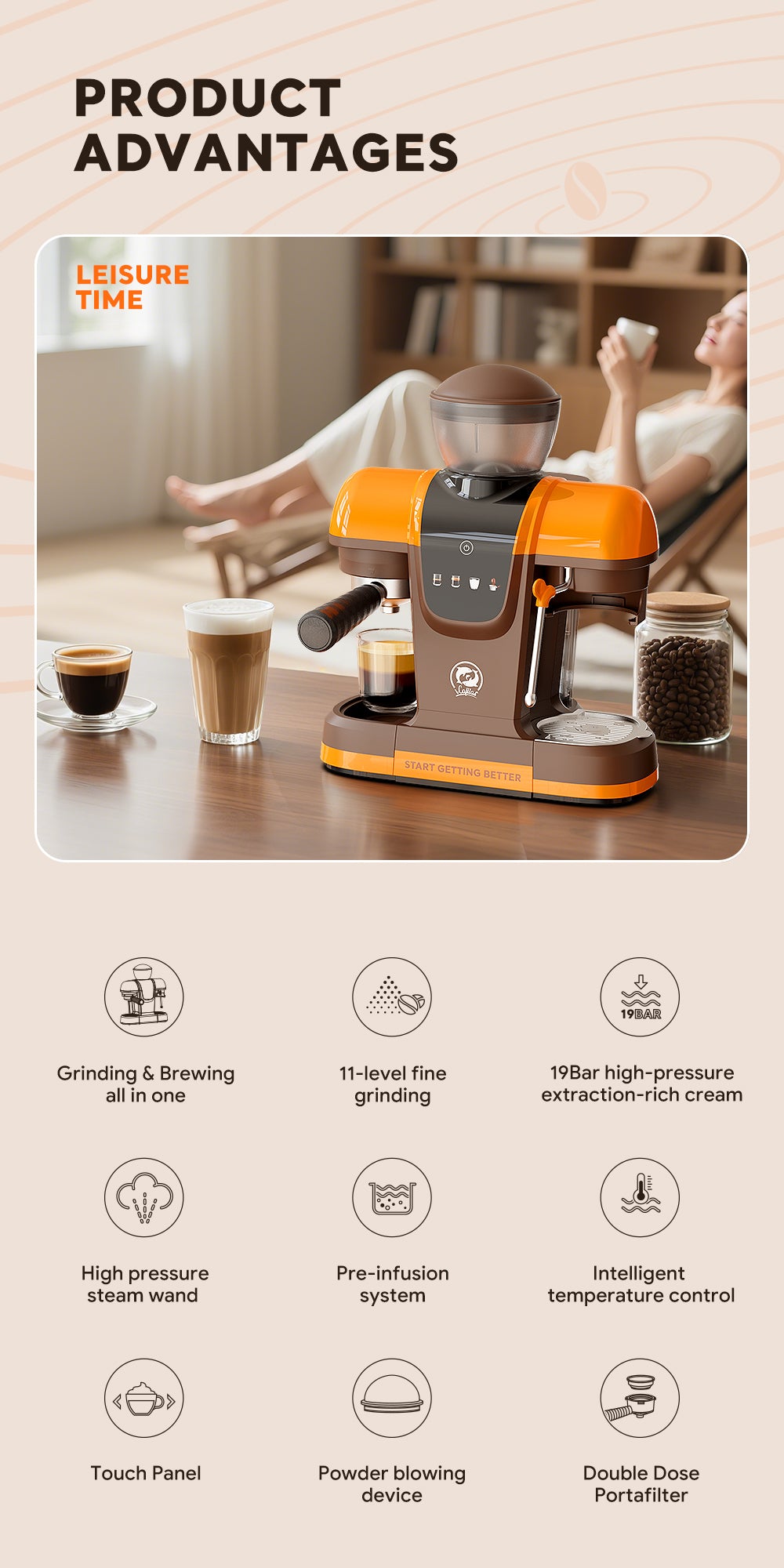 Semi Automatic Espresso Coffee Machine 19Bar with Built-in Grinder Pre-infusion System High-pressure Extraction Touch Panel Control