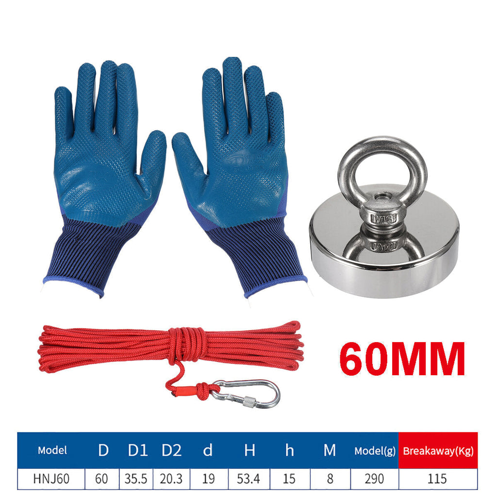 HNJ48/60/75mm Strong Neodymium Fishing Magnet Set With 10m Rope And Gloves Fishing Tools