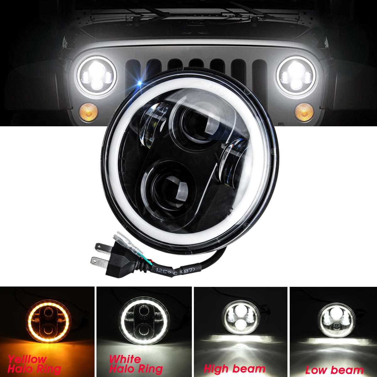 5.75" 75W 6000K DRL Amber Halo Angle Eyes Projector LED Round Headlights Low/High Beam Turn signal Light