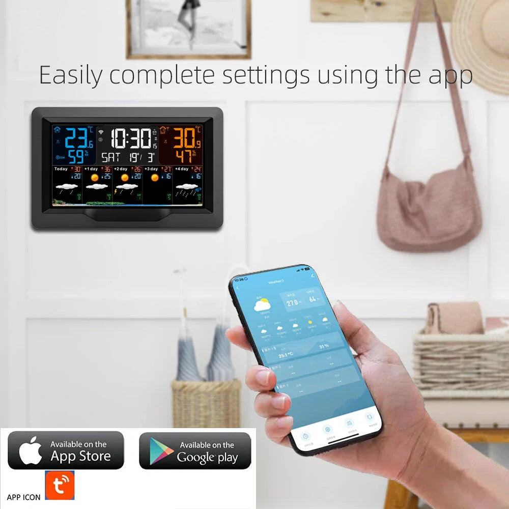 Smart WiFi Weather Clock w/ Tuya – Indoor/Outdoor Temp, Humidity, Alarm, UV Index, RF433 Control