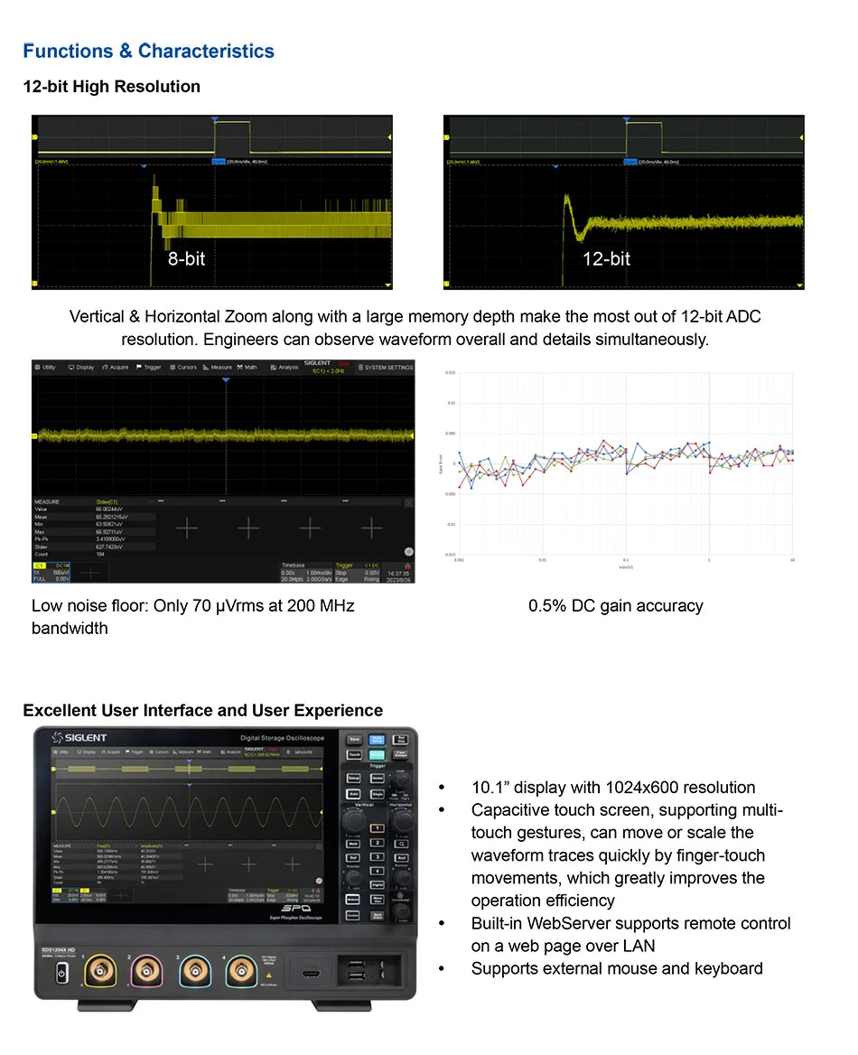 Oscilloscope 200MHz Bandwidth 4 Channels 2GSa/s Sampling Rate 12-bit High Resolution TFT-LCD Touch Screen