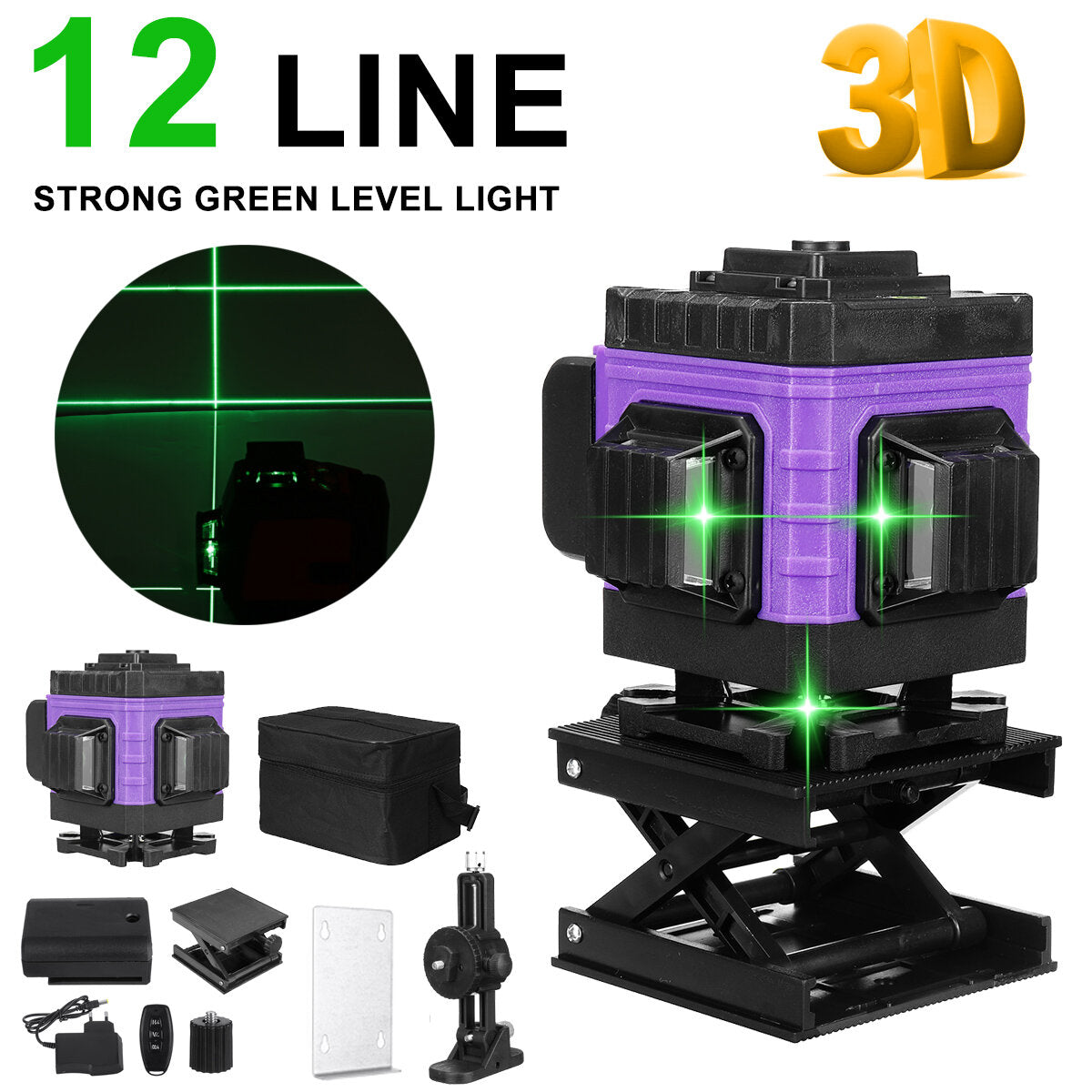 8/12/16 Lines 4D 360 Horizontal Vertical Cross Green Light Laser Level Self-Leveling Measure Super Powerful Laser Beam