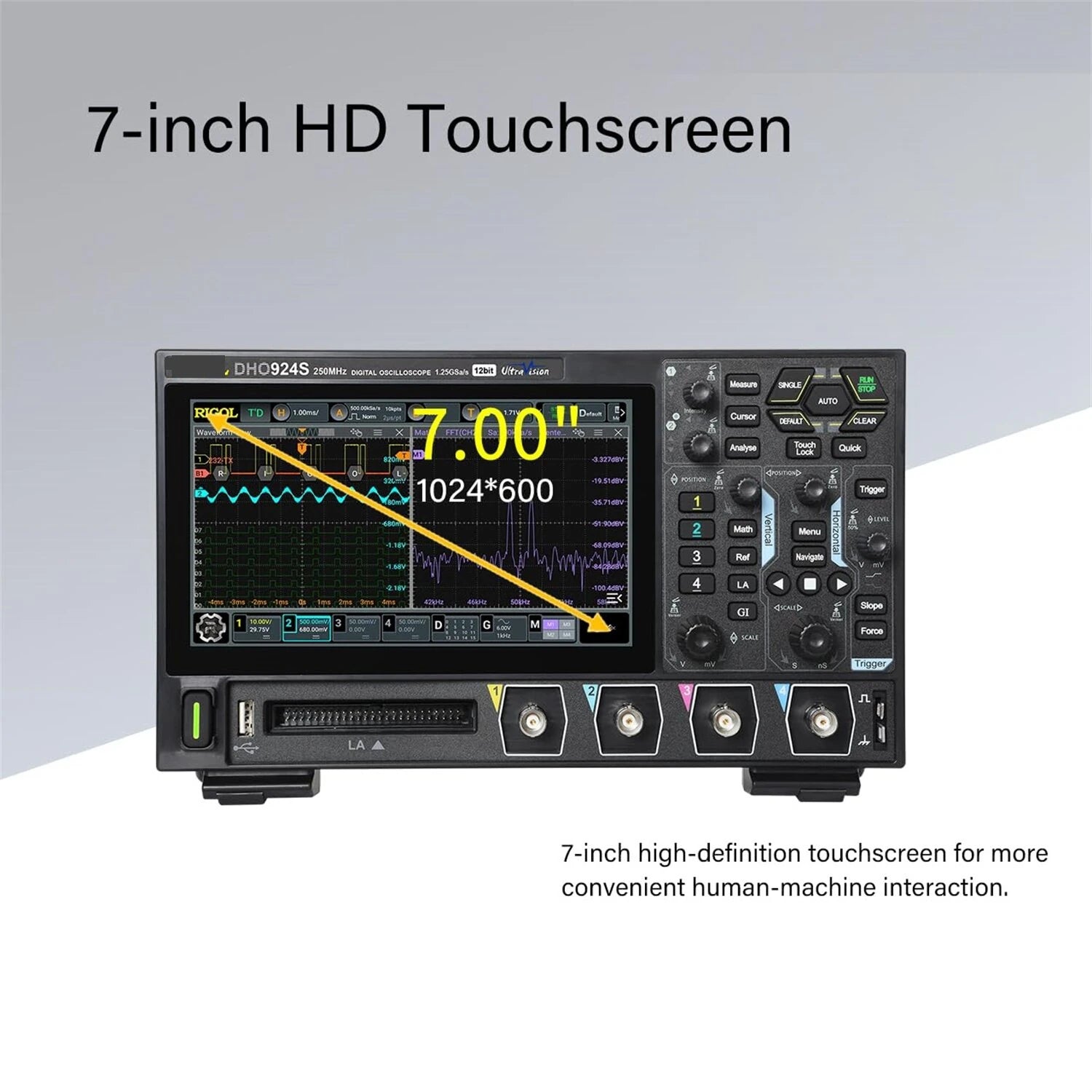 125MHz Digital Oscilloscope, 4 Channels, 12-Bit Resolution, 1.25GSa/s & Built-In Signal Generator