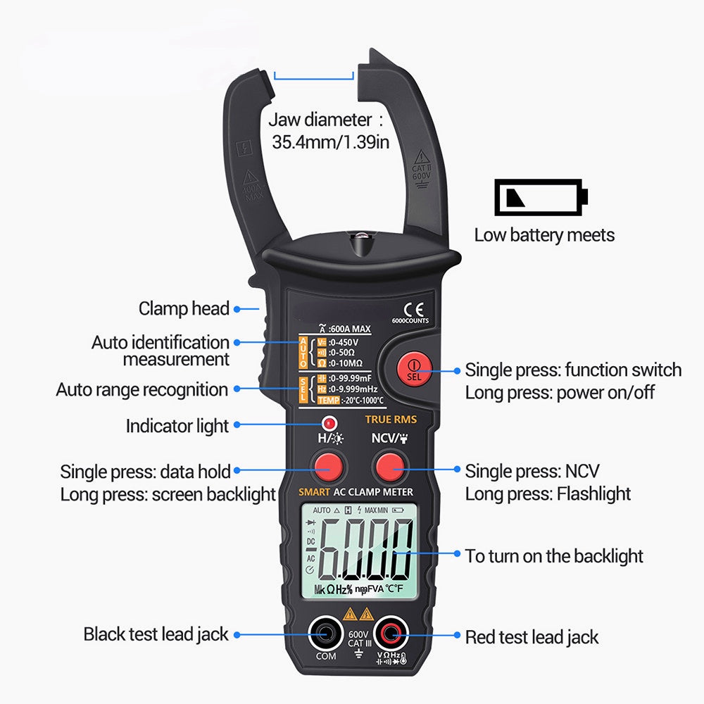Digital Clamp Multimeter 6000 Counts Professional True RMS AC/DC Voltage Current Tester