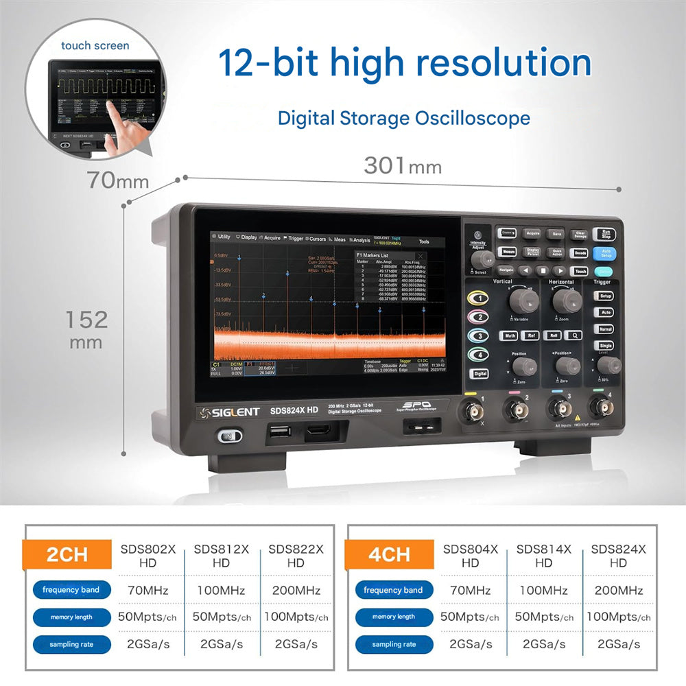 Oscilloscope 100MHz 70MHz Bandwidth 2GSa/s 12-bit High Resolution Enhanced Signal Analysis Versatile Triggers