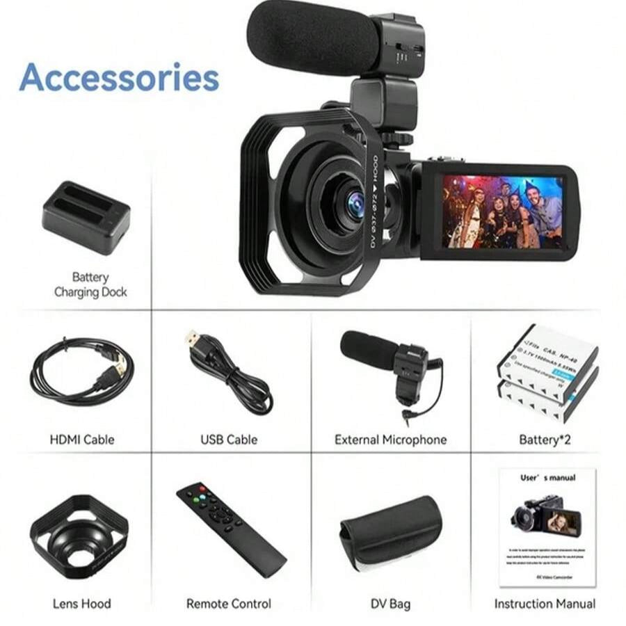 4K Ultra HD Camcorder with 48MP, 18x Zoom, Night Vision, Remote Control, and HDMI Output - Perfect for Videos & Photos