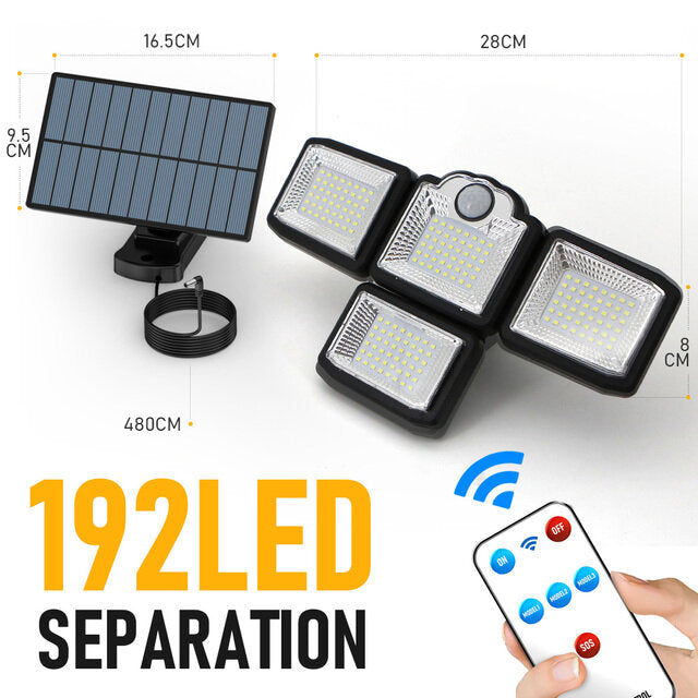 192/198 LED COB Outdoor Solar Lights 4 Head Motion Sensor 270 Wide Angle Lighting Waterproof Remote Control Solar Garden Wall Lamp