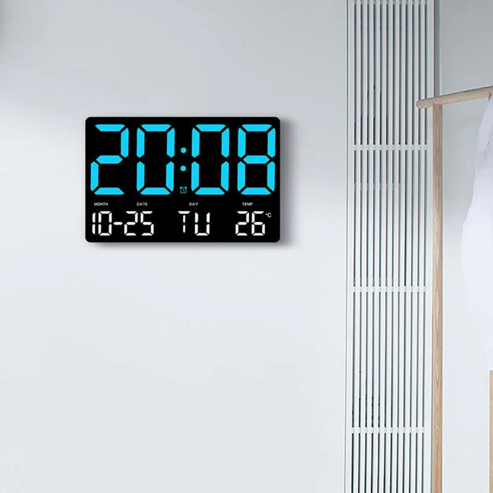 Large Digital Wall Clock with LED Display, Adjustable Brightness, Indoor Temperature, Date, Week, 12/24H for Home, Office, Classroom
