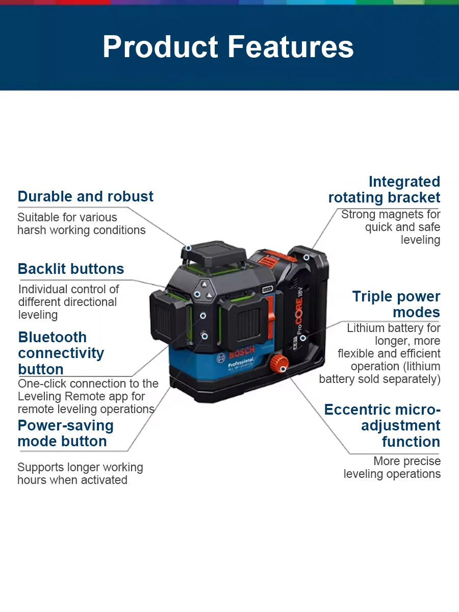 Bosch GLL 18V-120-33CG Green Laser Level, 3x360°, Bluetooth App Control, Fine Adjustment & Triple Power Modes