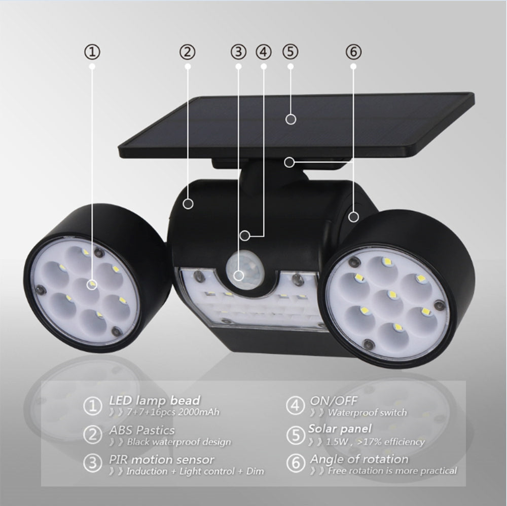 Solar Power 30 LED Rotatable Dual Head PIR Motion Sensor Wall Light Waterproof Outdoor Security Lamp