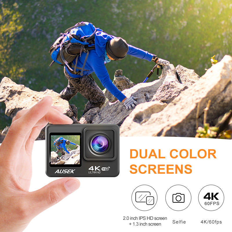 4K 60FPS WiFi Camera with Dual Color Screen 170° Wide Viewing 30M Waterproof EIS Anti-shake Outdoors Sports Camera